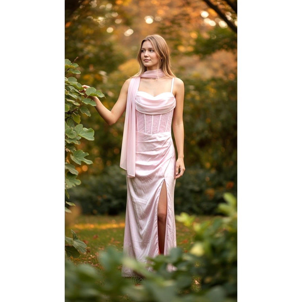 Pink Satin Formal Maxi‎ Dress 0 Corset  Ruched Adjustable Sheer Bodice Scarf NWT